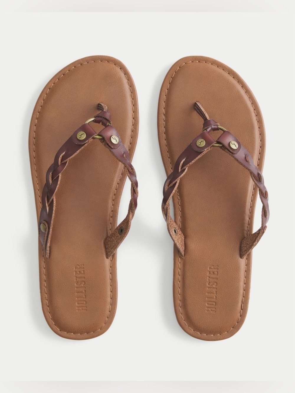 NWT Y2K Hollister Braided Stud Faux Leather Flip Flops Medium Brown Size 6